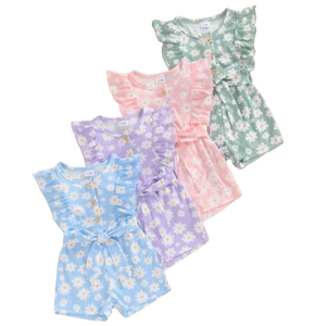Floral Daisies Ruffle Belt Rompers (4 Colors) - PREORDER