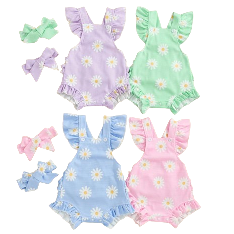 Floral Daisies Waffle Ruffles Rompers & Bows (4 Colors) - PREORDER