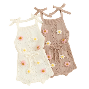 Neutral Knit Daisies Tie Ruffles Outfits (2 Colors) - PREORDER