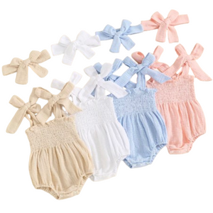 Solid Cotton Scrunch Tie Rompers & Bows (4 Colors) - PREORDER