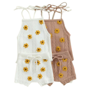 Neutral Knit Sunflowers Tie Ruffles Outfits (2 Colors) - PREORDER