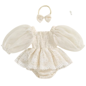 Creamy Lace Puff Sleeve Romper Dress & Bow - PREORDER