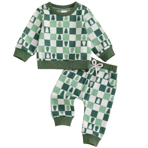 Checkered Christmas Trees Jogger Outfit - PREORDER