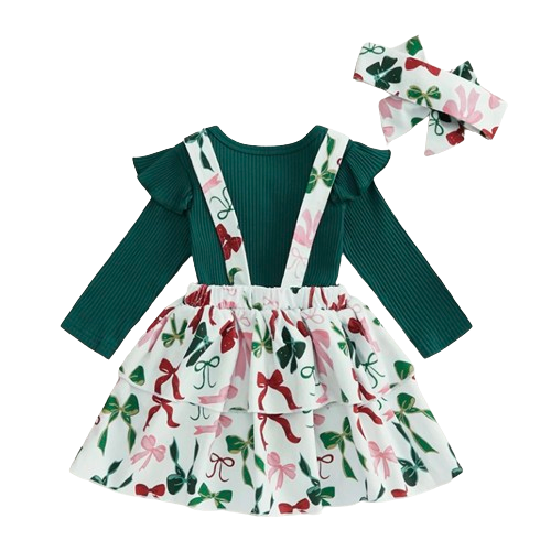 Christmas Bows Overalls Outfit Dress & Bow - PREORDER