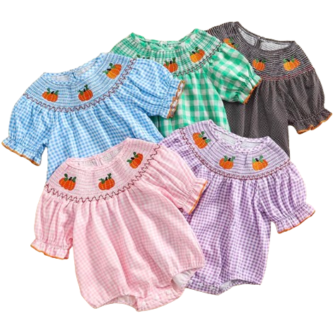 Plaid Pumpkins Puff Sleeve Embroidered Rompers (5 Colors) - PREORDER