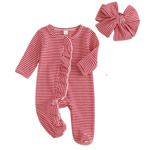 Candy Cane Striped Waffle Zipper Footie Romper & Bow - PREORDER