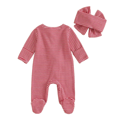 Candy Cane Striped Waffle Zipper Footie Romper & Bow - PREORDER