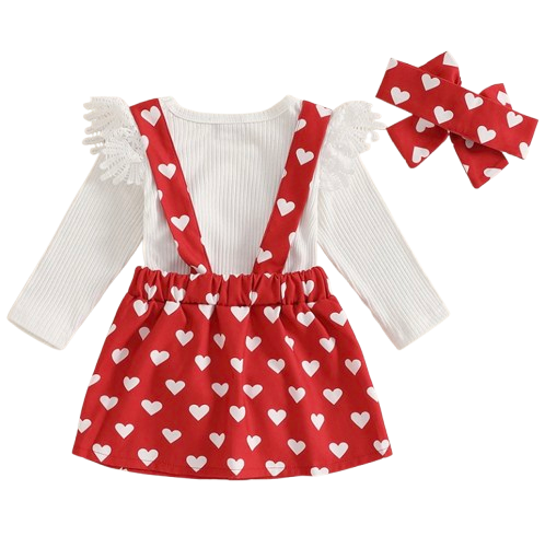 Mini Hearts Overalls Dress Outfit & Bow - PREORDER