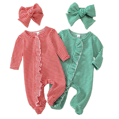 Christmas Striped Waffle Zipper Footie Romper & Bow (2 Colors) - PREORDER