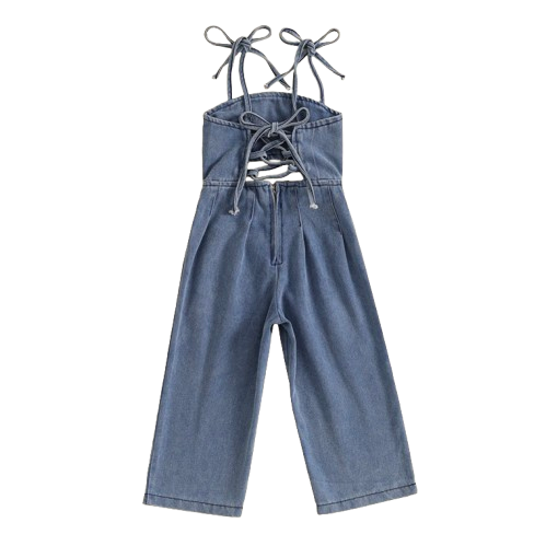 Criss Cross Tie Back Dark Denim Romper - PREORDER