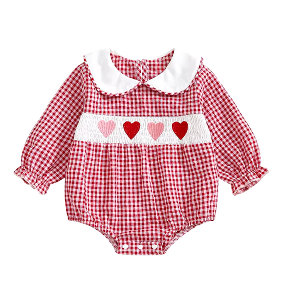 Smocked Checkered Hearts Embroidered Rompers (2 Colors) - PREORDER