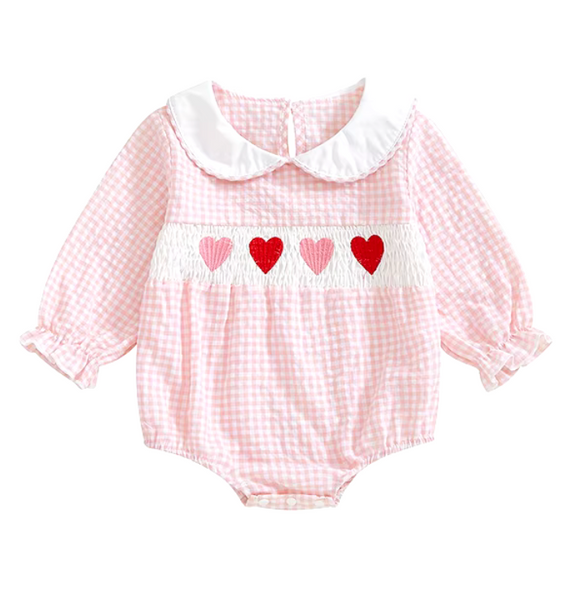 Smocked Checkered Hearts Embroidered Rompers (2 Colors) - PREORDER