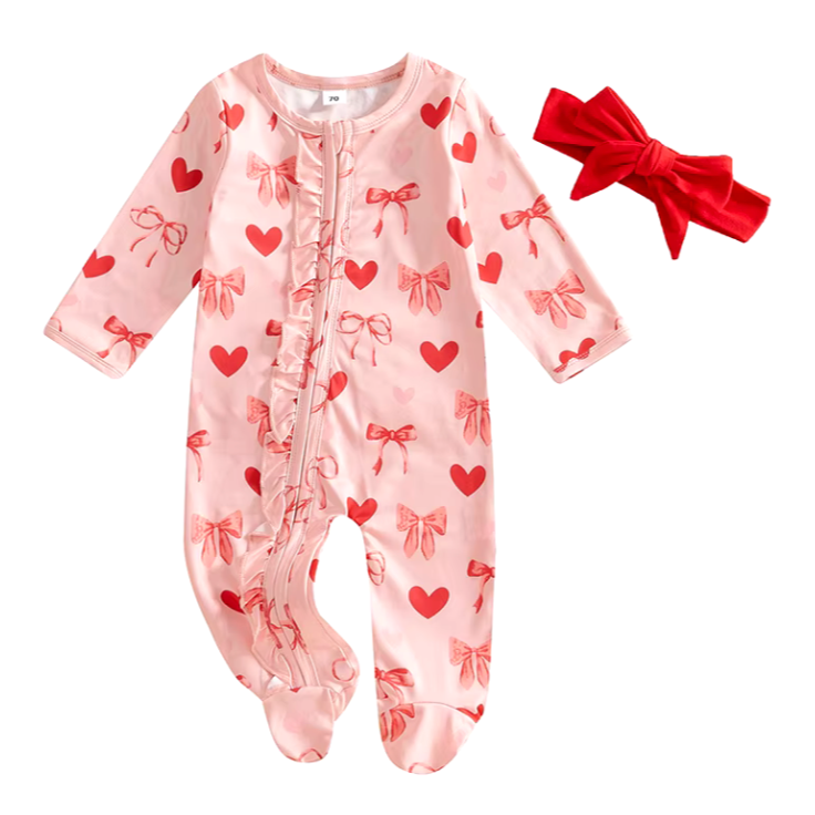 Big Red Bows & Hearts Ruffle Zipper Footie Romper & Bow - PREORDER