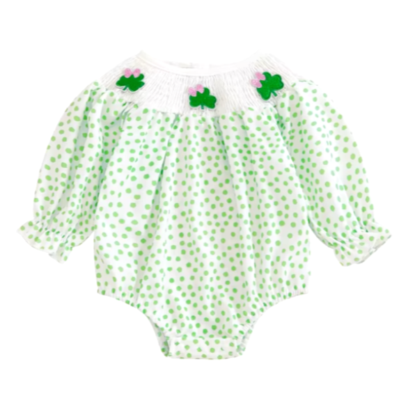 Smocked Polka Dot Clovers Bows Embroidered Romper - PREORDER