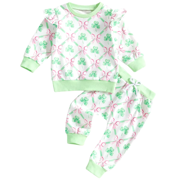 Waterprint Clovers & Bows Ruffle Jogger Outfit - PREORDER