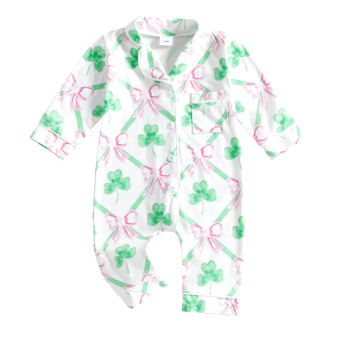 Waterprint Clovers & Bows Pajamas Romper - PREORDER