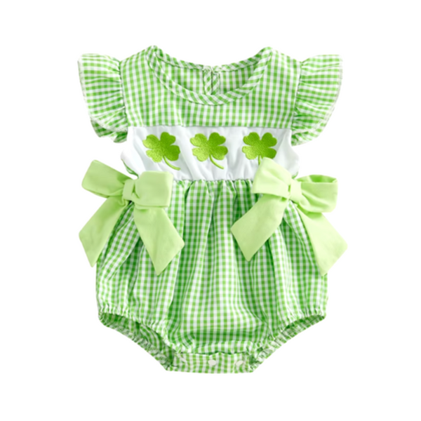 Smocked Checkered Clovers Matching Embroidered Dress & Romper - PREORDER