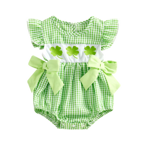 Smocked Checkered Clovers Embroidered Romper - PREORDER