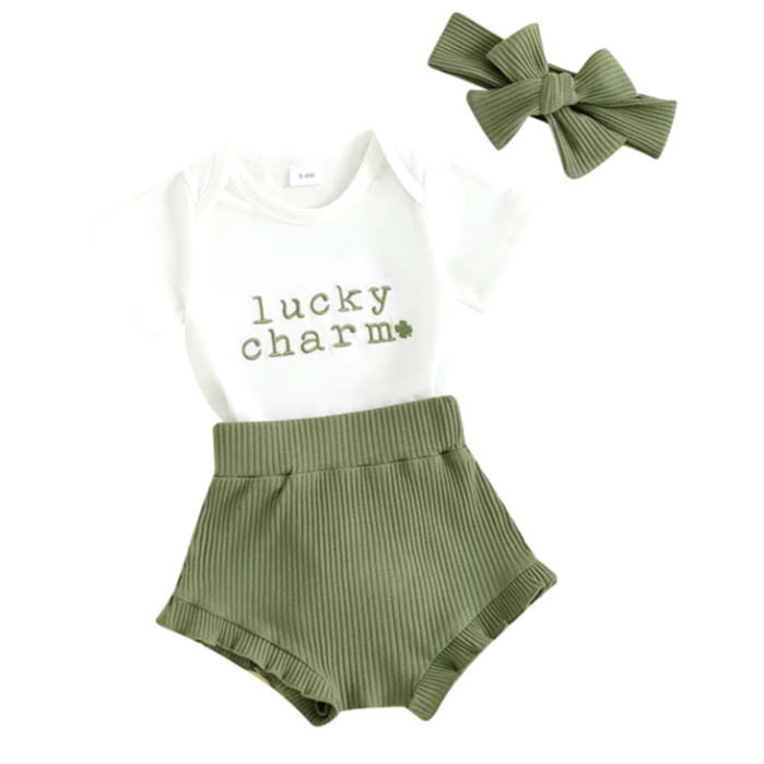 Lucky Charm Embroidered Ribbed Shorts Outfit & Bow - PREORDER