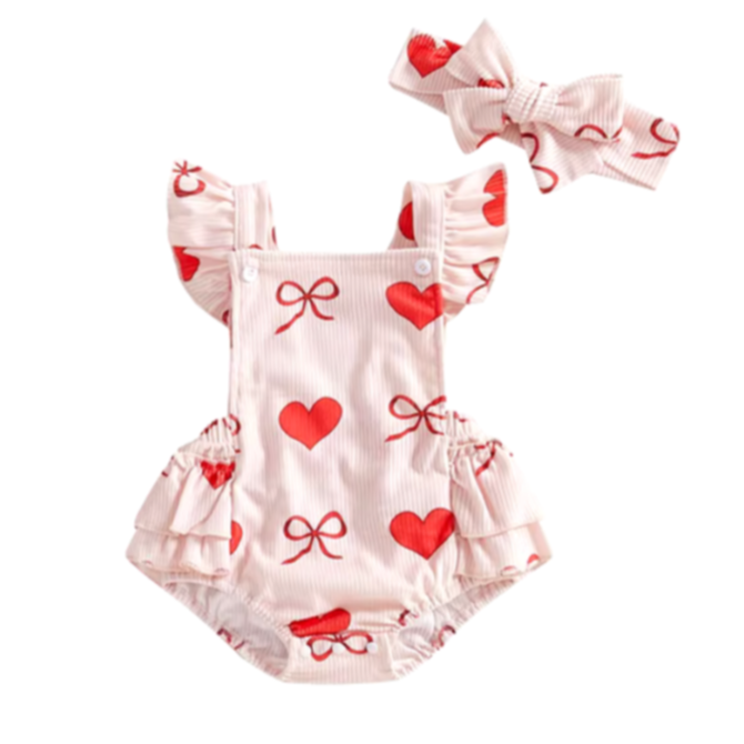 Big Red Bows & Hearts Ribbed Ruffle Romper & Bow - PREORDER