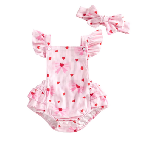 Mini Hearts & Bows Ribbed Ruffle Romper & Bow - PREORDER