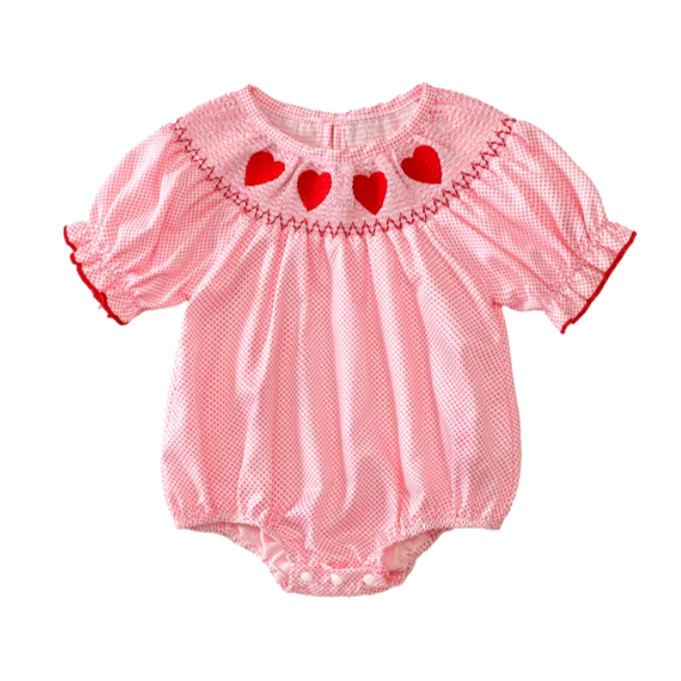 Smocked Polka Dot Hearts Puff Sleeve Embroidered Rompers (2 Colors) - PREORDER