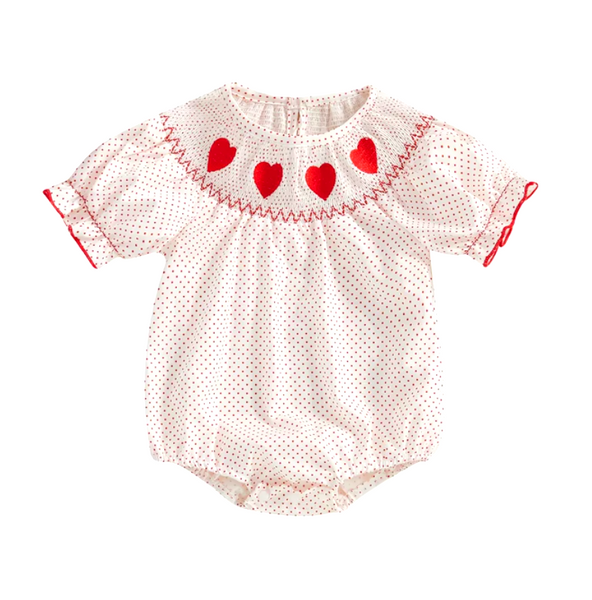 Smocked Polka Dot Hearts Puff Sleeve Embroidered Rompers (2 Colors) - PREORDER