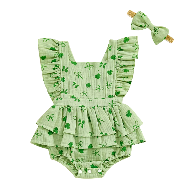 Clovers & Bow Ruffle Romper & Bow - PREORDER