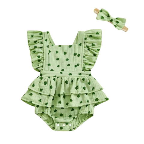 Mini Clovers Ruffle Romper & Bow - PREORDER