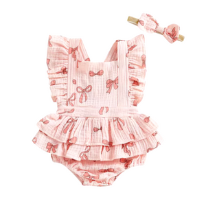 Pretty Pink Bows Ruffle Romper & Bow - PREORDER