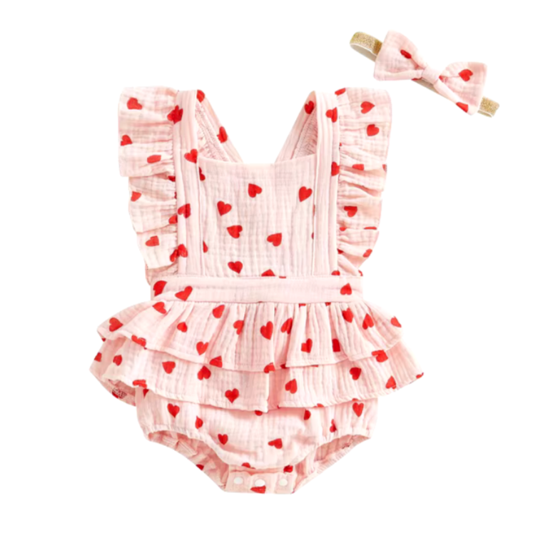 Mini Hearts Ruffle Romper & Bow - PREORDER