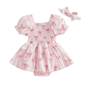 Pretty Pink Bows Puff Sleeve Romper & Bow - PREORDER