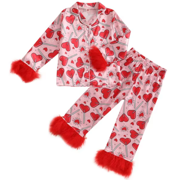 Heart Lollipops Fuzzy Silk Pajamas - PREORDER