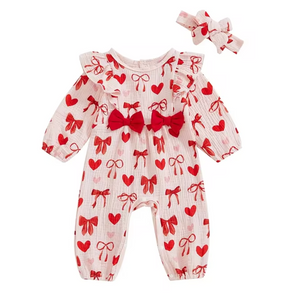 Big Red Bows & Hearts Pants Romper & Bow - PREORDER