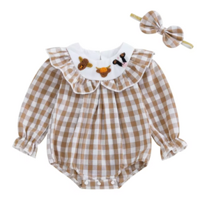 Smocked Cows Embroidered Romper & Bow - PREORDER