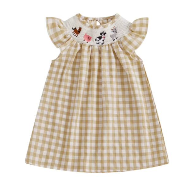 Smocked Checkered Farm Animals Embroidered Dress - PREORDER