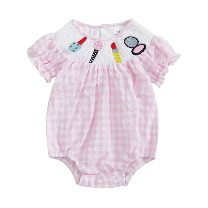 Smocked Checkered Makeup Embroidered Romper - PREORDER