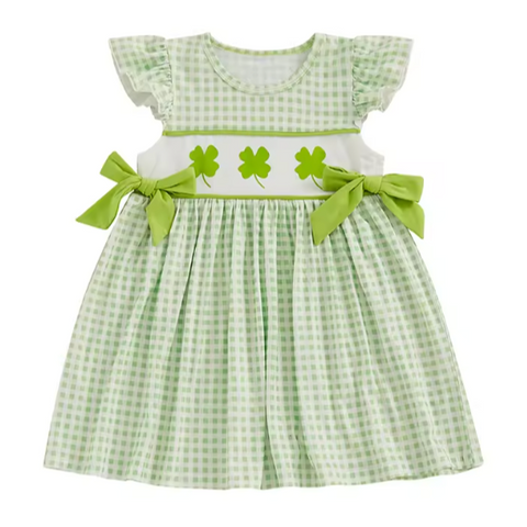 Smocked Checkered Clovers Embroidered Dress - PREORDER