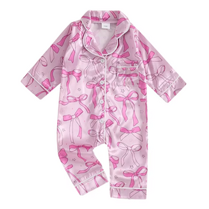 Hot Pink Bows & Stars Silk Pajamas Romper - PREORDER