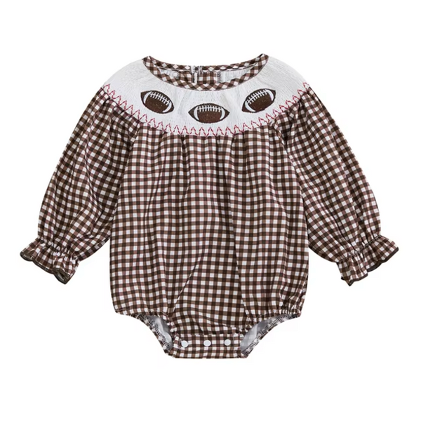 Smocked Checkered Footballs Embroidered Rompers (3 Colors) - PREORDER