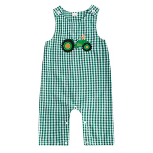 Checkered Green Tractor Embroidered Pants Romper - PREORDER