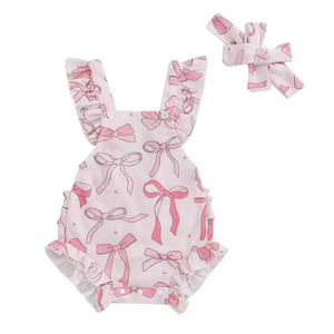 Hot Pink Bows & Stars Waffle Ruffle Romper & Bow - PREORDER