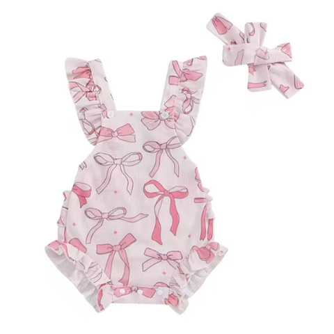 Hot Pink Bows & Stars Waffle Ruffle Romper & Bow - PREORDER