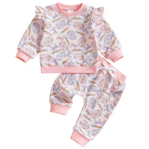 Daisy Easter Eggs, Carrots & Bows Ruffle Jogger Outfit - PREORDER