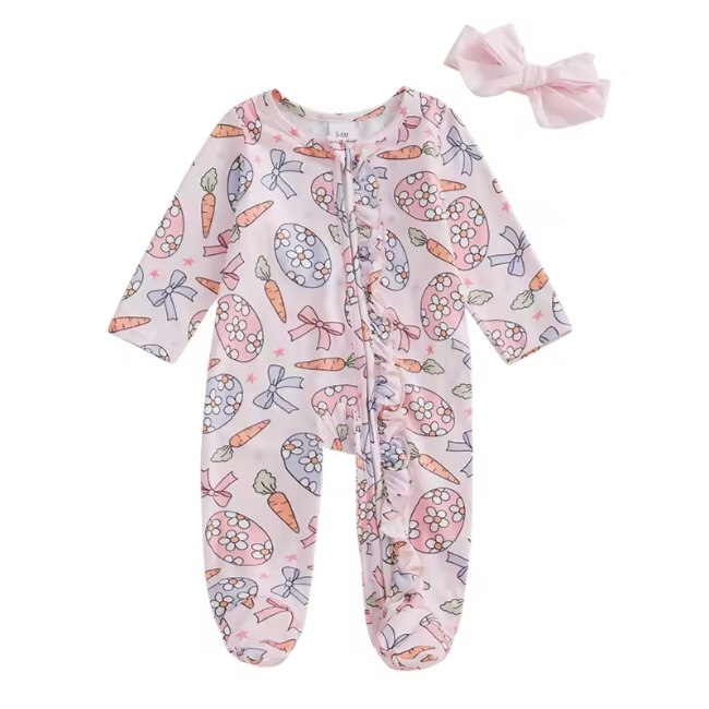 Daisy Easter Eggs, Carrots & Bows Zipper Footie Romper & Bow - PREORDER