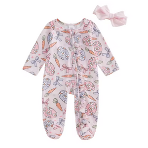 Daisy Easter Eggs, Carrots & Bows Zipper Footie Romper & Bow - PREORDER