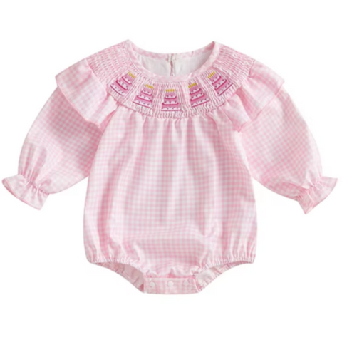 Smocked Checkered Birthday Cakes Embroidered Romper - PREORDER