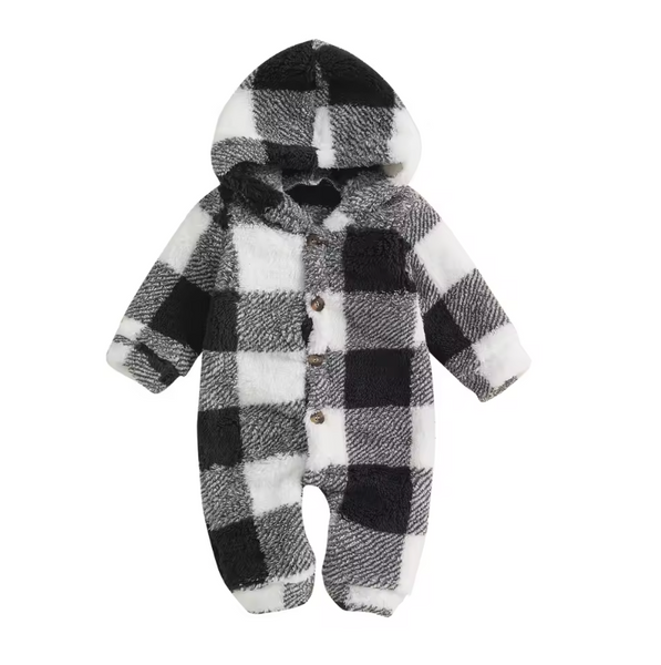 Plaid Sherpa Hooded Pants Romper - PREORDER