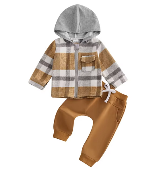 Neutral Hooded Flannel Jogger Outfits (2 Colors) - PREORDER