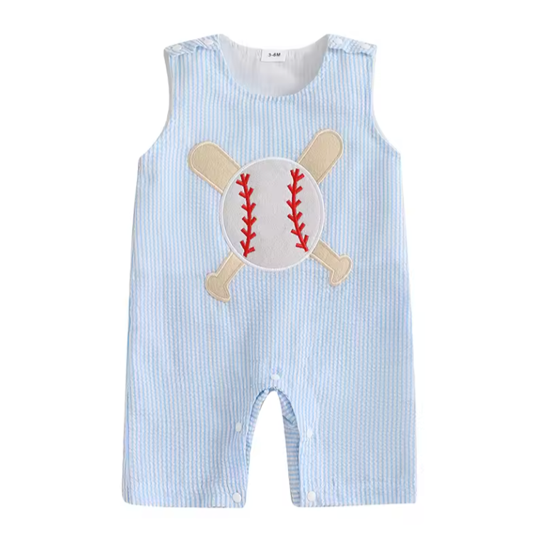 Striped Baseball & Bat Embroidered Pants Romper - PREORDER